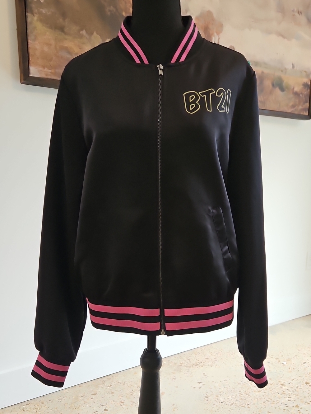 BT 21 Women's Black Bomber Jacket with Pink Trim. Size L